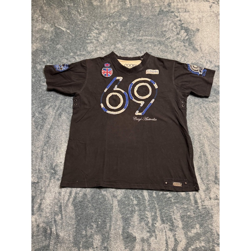 Coogi Australia T-Shirt XXL Men Black Graphic Distressed Patchwork Cotton